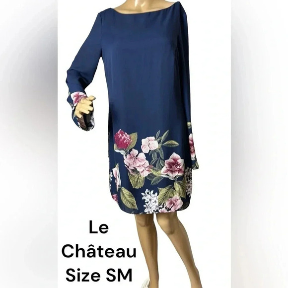 Le Château dress women SM.Blue,floral,long sleeve,bell sleeve,criss cross back - Picture 2 of 14